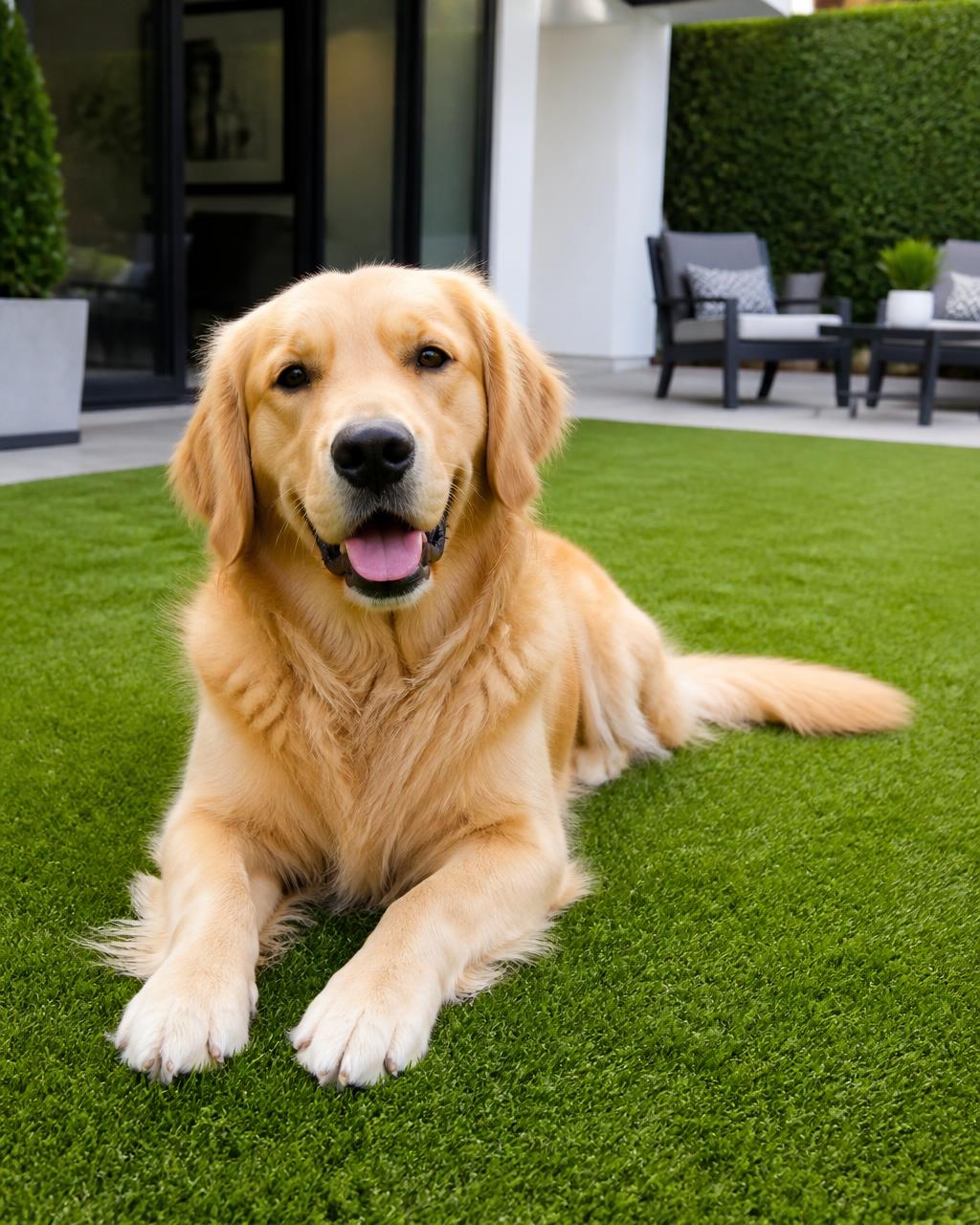 A golden retriever lying on clean green artificial turf