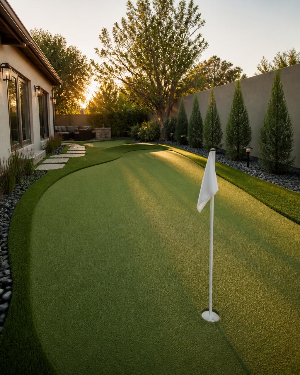 Backyard artificial turf putting green with a white flag